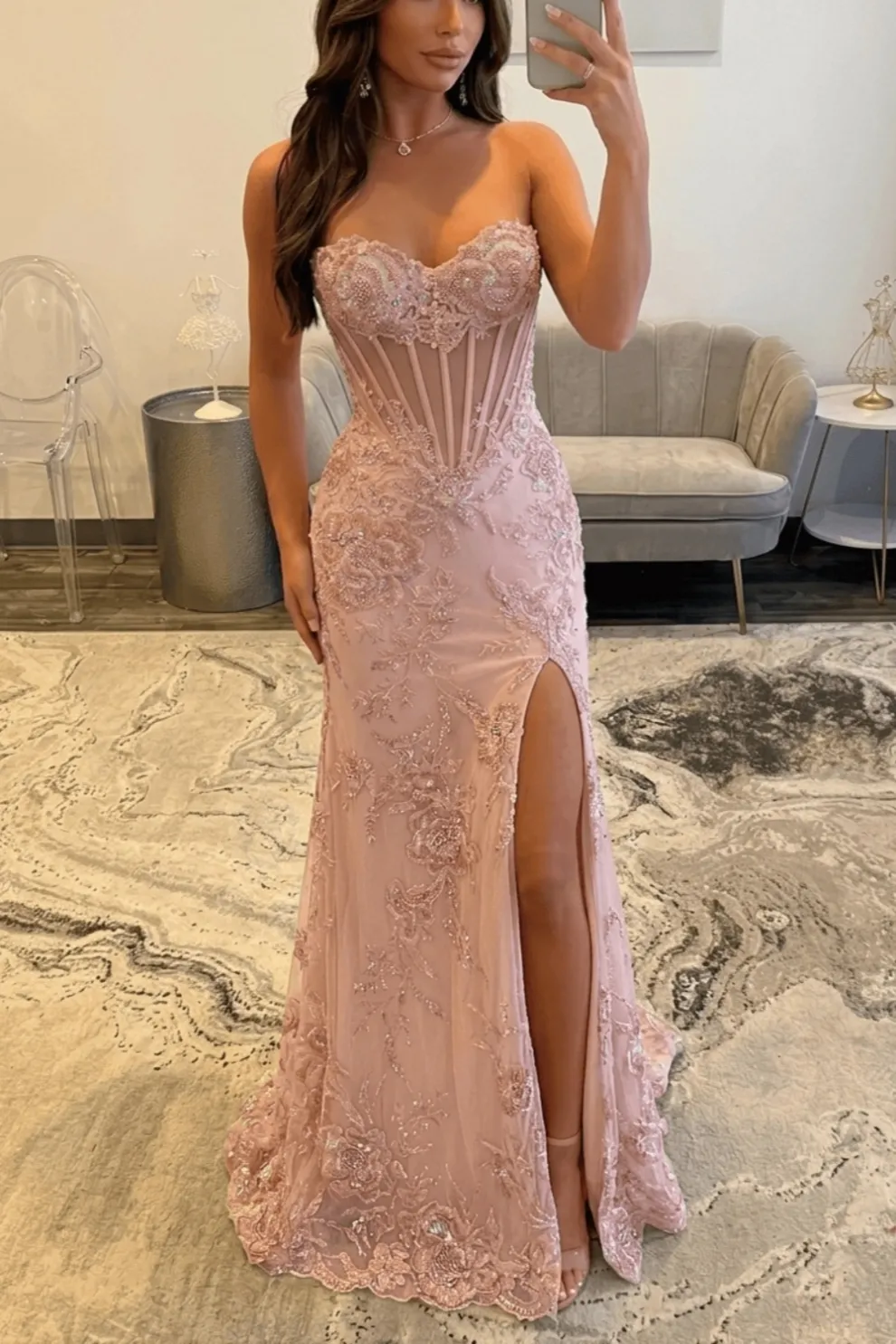Pink Sweetheart Sequined Lace- up Floor-Length Mermaid Prom Dress with High Split