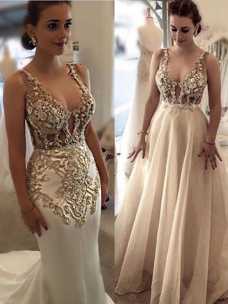 Luxury Sexy Mermaid Evening Dress With Detachable Overskirt | Straps Lace Appliques See Through Formal Dresses