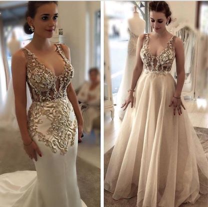  Luxury Sexy Mermaid Evening Dress With Detachable Overskirt | Straps Lace Appliques See Through Formal Dresses
