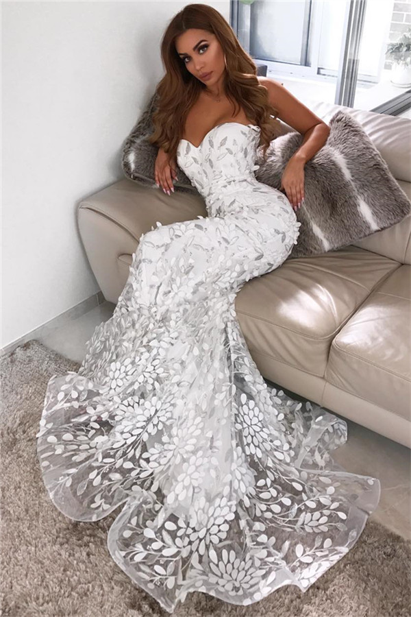 Open Back Sweetheart Leaf Appliques Wedding Dresses | Mermaid Long See Through Tulle Formal Dress