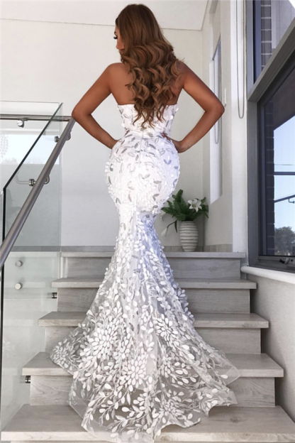 Open Back Sweetheart Leaf Appliques Wedding Dresses | Mermaid Long See Through Tulle Formal Dress