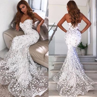Open Back Sweetheart Leaf Appliques Wedding Dresses | Mermaid Long See Through Tulle Formal Dress