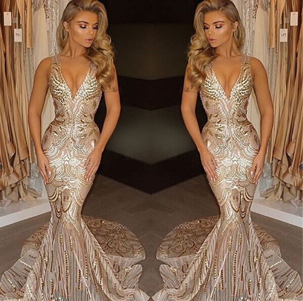  Champagne Gold V-neck Sleeveless Mermaid Sexy Deep Sequins Evening Gown