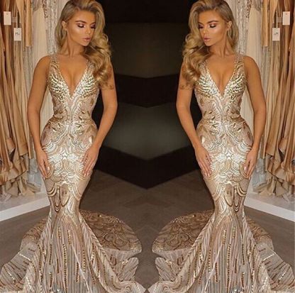  Champagne Gold V-neck Sleeveless Mermaid Sexy Deep Sequins Evening Gown