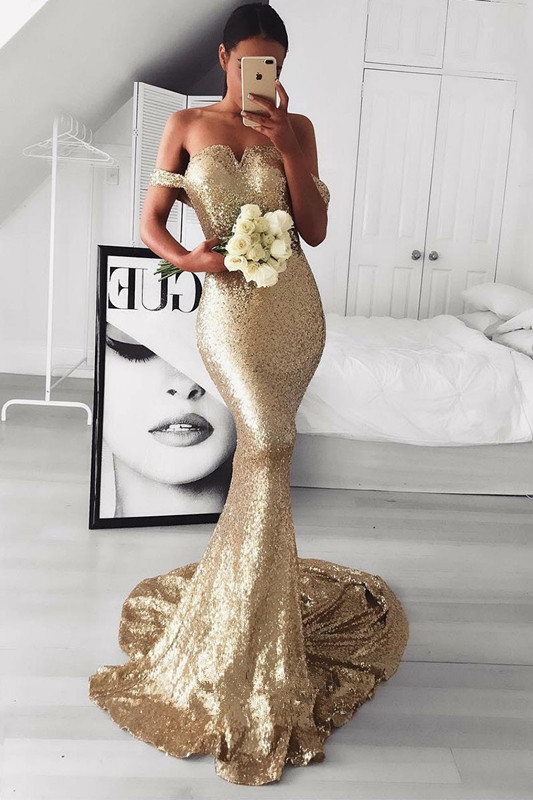  Gold Sequins Prom Dress | Mermaid Off-the-Shoulder Evening Gowns BA9499