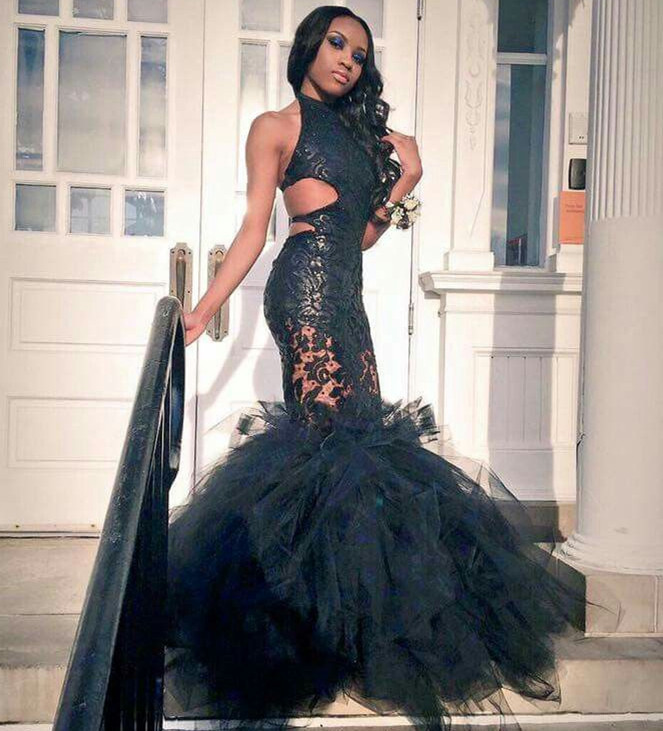 Mermaid Ruffles Lace Backless Tulle Sexy Black Prom Dress