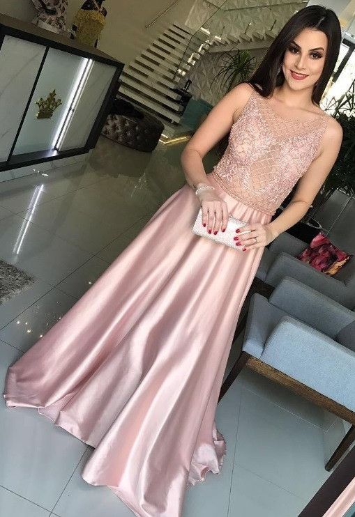Modest Beading A-line Pink Jewel Sleeveless Prom Dress