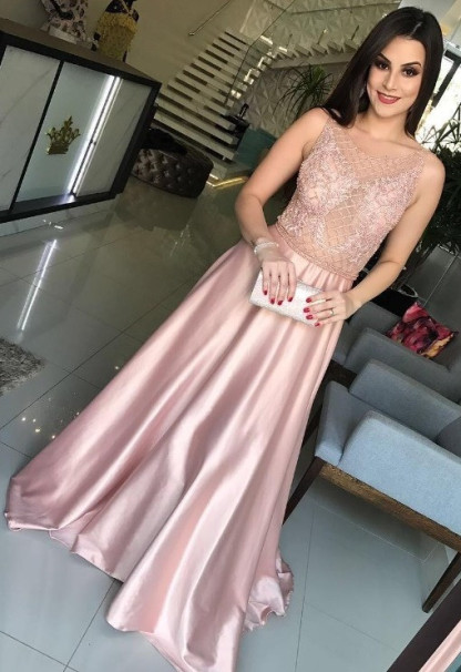 Modest Beading A-line Pink Jewel Sleeveless Prom Dress