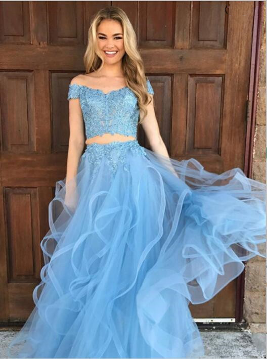 Modest Blue Two Piece Two Piece Off-the-shoulder Ruffles Prom Dress