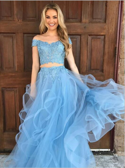 Modest Blue Two Piece Two Piece Off-the-shoulder Ruffles Prom Dress