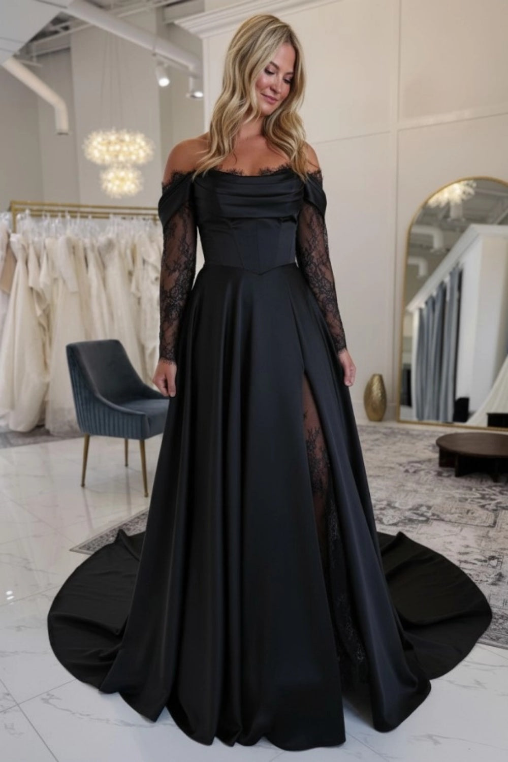Off-the-Shoulder Satin Wedding Dress Aline Long Sleeves Lace Bridal Dress with Split Black