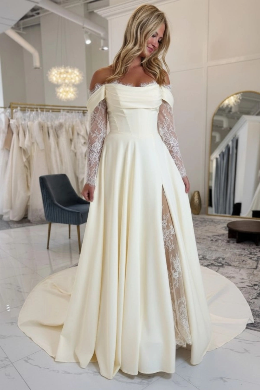 Off-the-Shoulder Satin Wedding Dress Aline Long Sleeves Lace Bridal Dress with Split Ivory