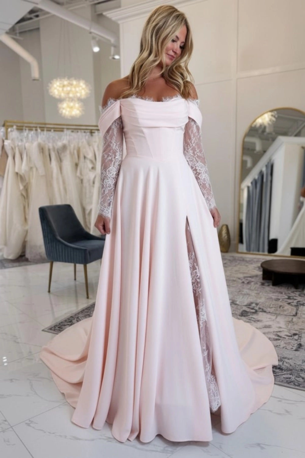 Off-the-Shoulder Satin Wedding Dress Aline Long Sleeves Lace Bridal Dress with Split Pink