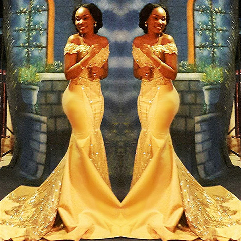 Off The Shoulder Yellow Sparkling Prom Dresses | Mermaid Beads Sequins Formal Gowns FB0335