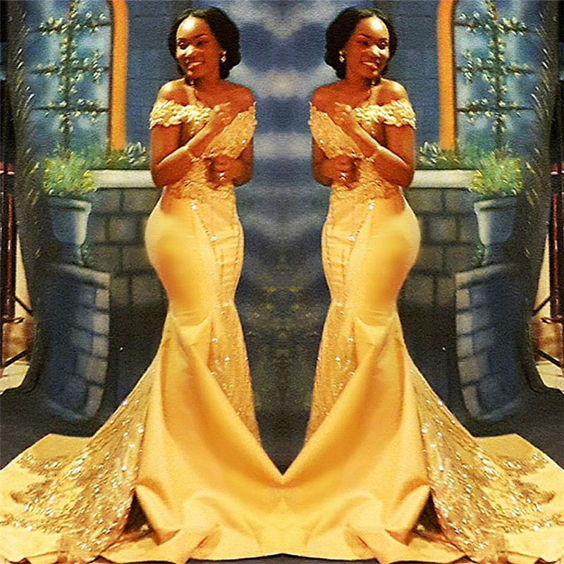 Off The Shoulder Yellow Sparkling Prom Dresses | Mermaid Beads Sequins Formal Gowns FB0335