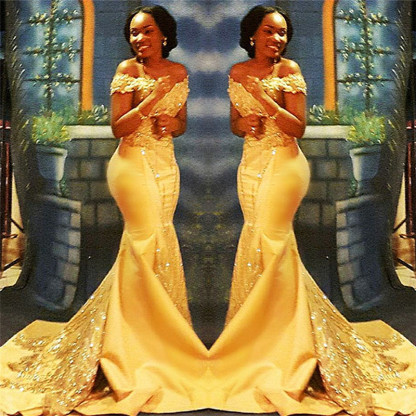Off The Shoulder Yellow Sparkling Prom Dresses | Mermaid Beads Sequins Formal Gowns FB0335