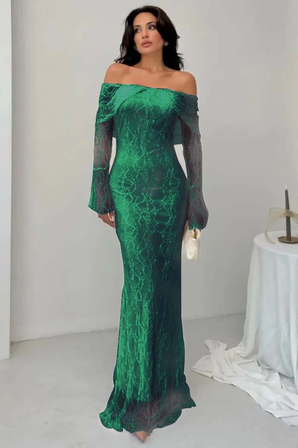 Off-the-Shoulder Long Sleeves Lace Floor-Length Mermaid Prom Dress