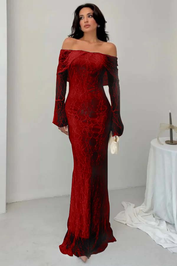 Off-the-Shoulder Long Sleeves Lace Floor-Length Mermaid Prom Dress