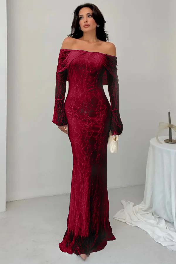 Off-the-Shoulder Long Sleeves Lace Floor-Length Mermaid Prom Dress