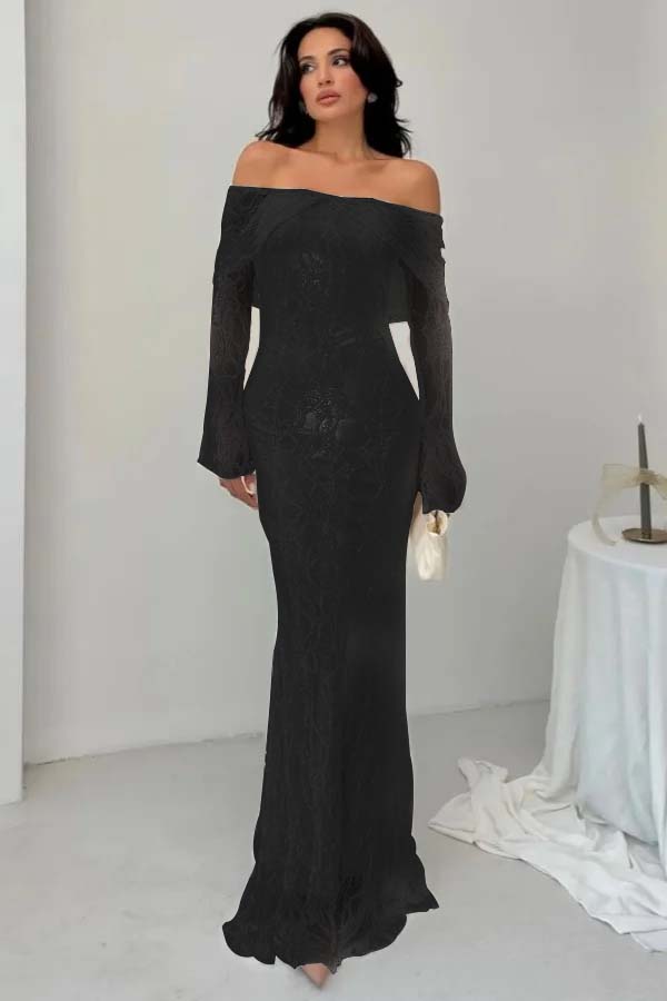 Off-the-Shoulder Long Sleeves Lace Floor-Length Mermaid Prom Dress