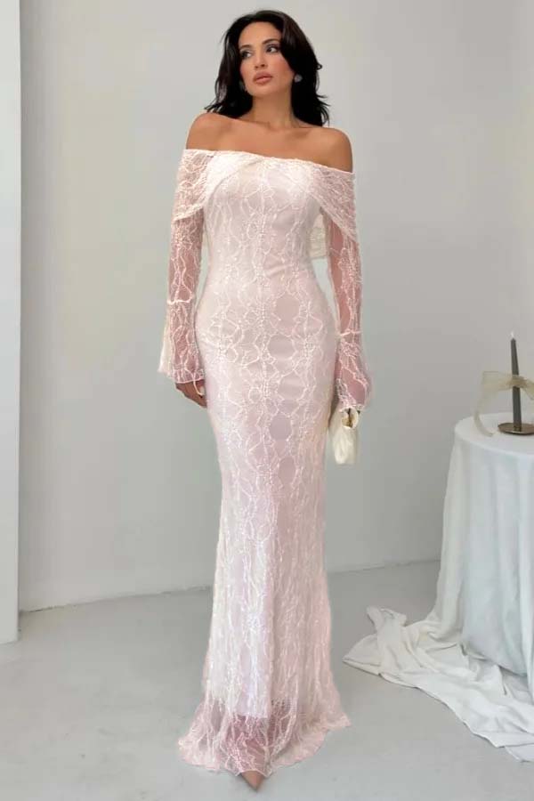 Off-the-Shoulder Long Sleeves Lace Floor-Length Mermaid Prom Dress