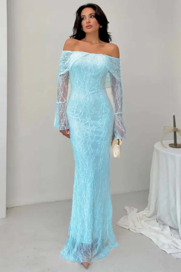Off-the-Shoulder Long Sleeves Lace Floor-Length Mermaid Prom Dress