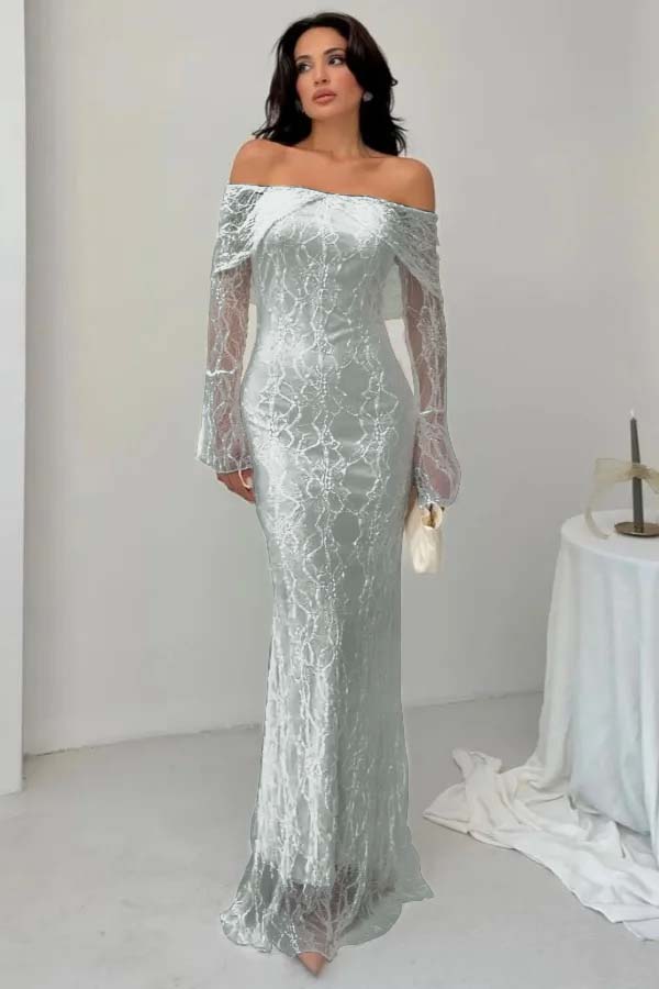 Off-the-Shoulder Long Sleeves Lace Floor-Length Mermaid Prom Dress