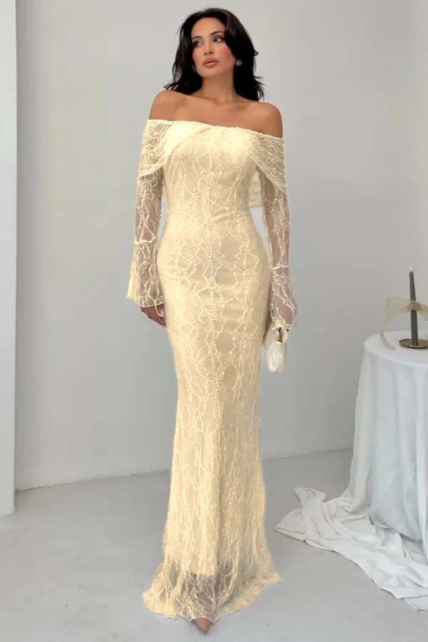 Off-the-Shoulder Long Sleeves Lace Floor-Length Mermaid Prom Dress
