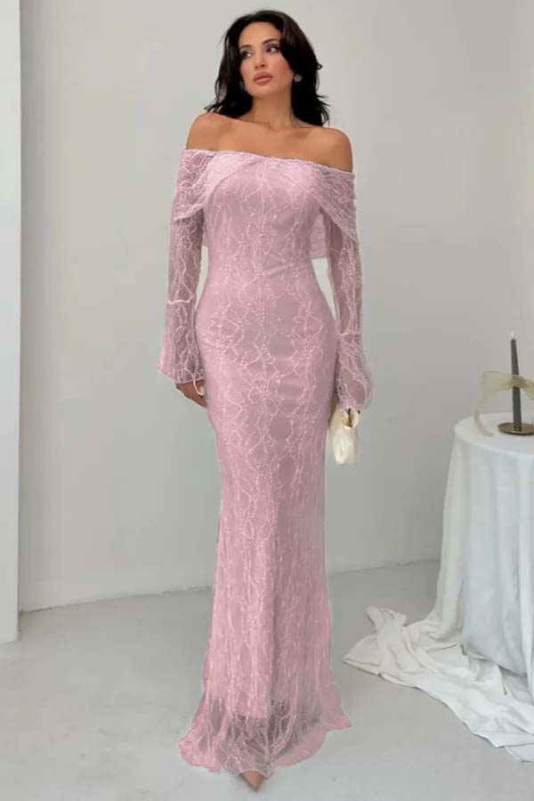 Off-the-Shoulder Long Sleeves Lace Floor-Length Mermaid Prom Dress