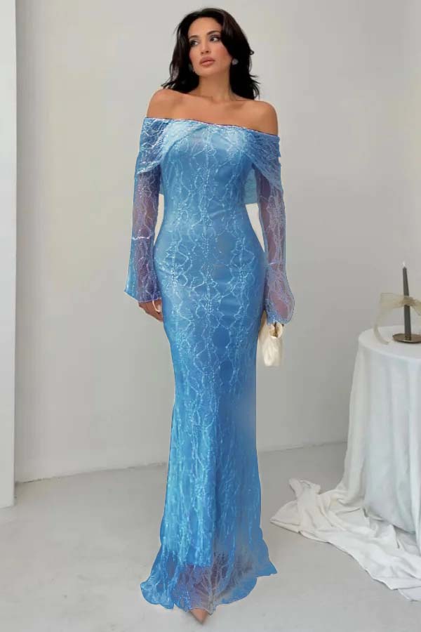 Off-the-Shoulder Long Sleeves Lace Floor-Length Mermaid Prom Dress