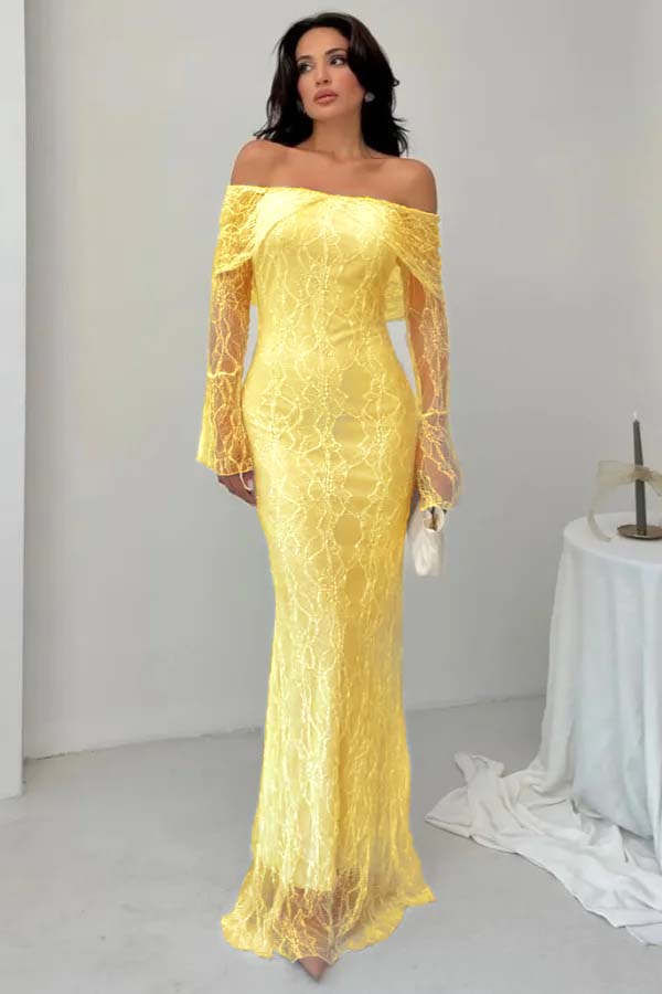 Off-the-Shoulder Long Sleeves Lace Floor-Length Mermaid Prom Dress
