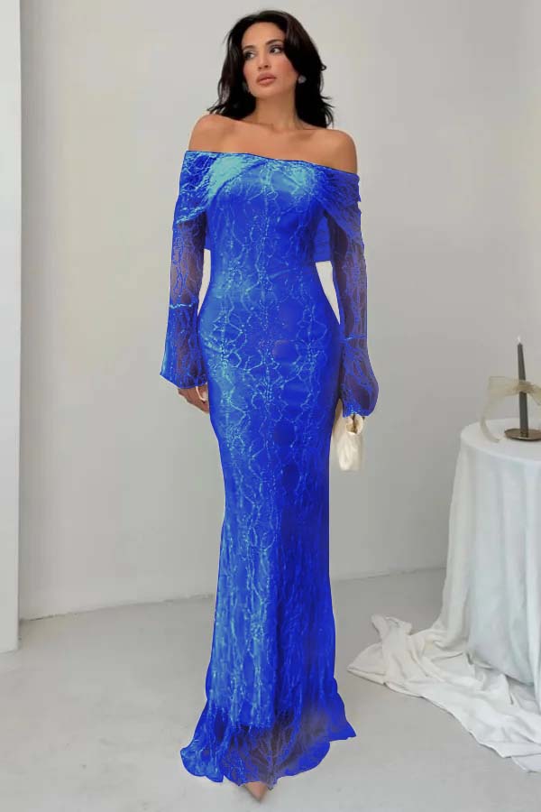 Off-the-Shoulder Long Sleeves Lace Floor-Length Mermaid Prom Dress