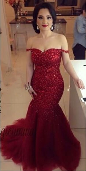 Off the Shoulder Red Mermaid Prom Dresses Sexy Tulle Evening Gowns | Plus Size Prom Dress