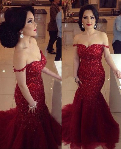 Off the Shoulder Red Mermaid Prom Dresses Sexy Tulle Evening Gowns | Plus Size Prom Dress