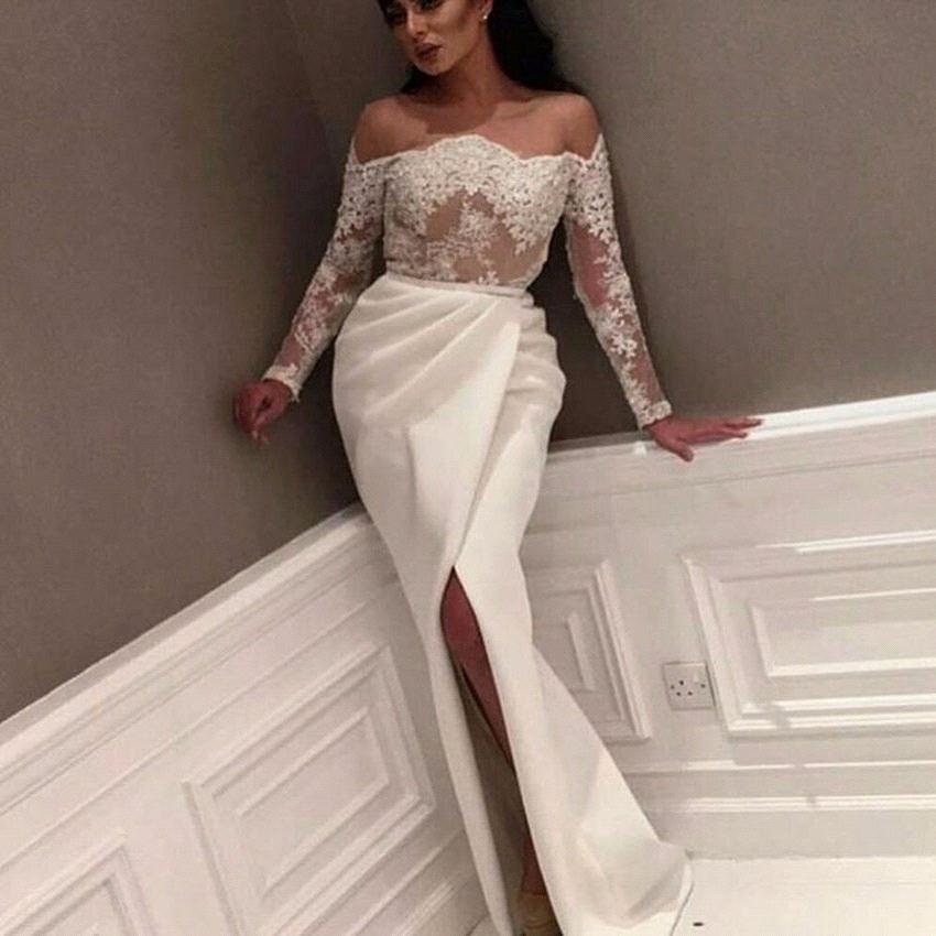 Off-the-Shoulder White Side-Slit Evening Gowns | Delicate Prom Dress