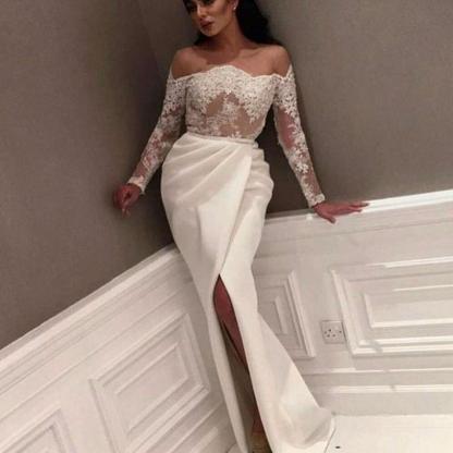 Off-the-Shoulder White Side-Slit Evening Gowns | Delicate Prom Dress