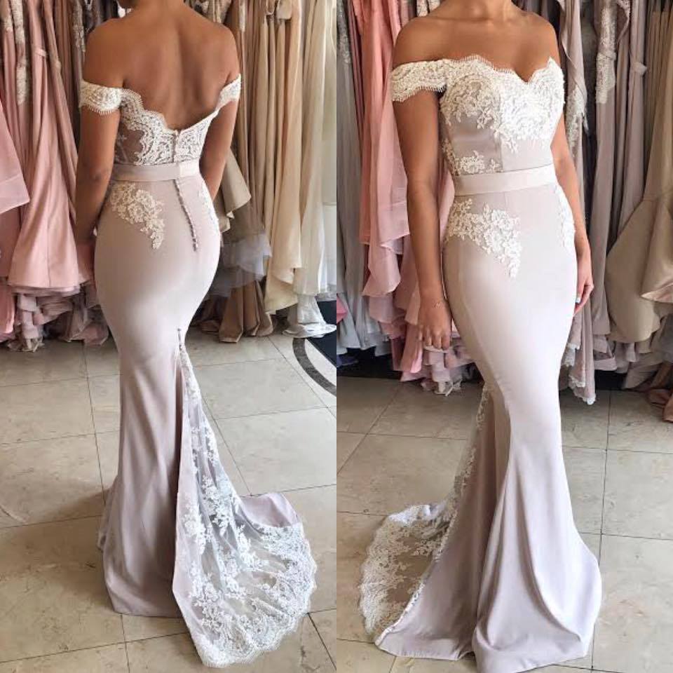 Modest Off-the-shoulder Lace Mermaid Sweep Train Prom Dress BA7854