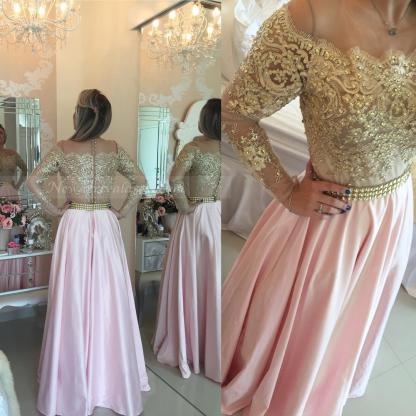 Elegant Off-the-shoulder Long Sleeve Appliques Prom Dress BT00