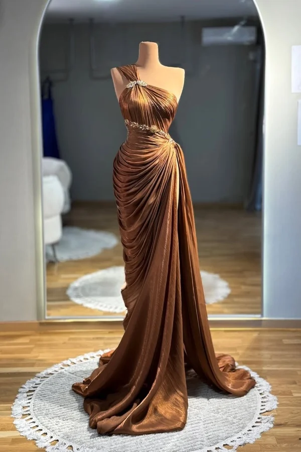 One-Shoulder Sleeveless Long Beaded Ruched Mermaid Evening Gowns
