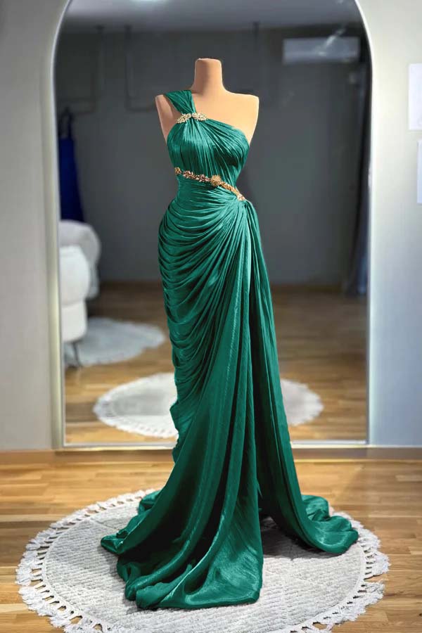 One-Shoulder Sleeveless Long Beaded Ruched Mermaid Evening Gowns