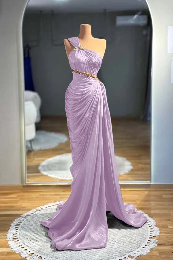 One-Shoulder Sleeveless Long Beaded Ruched Mermaid Evening Gowns