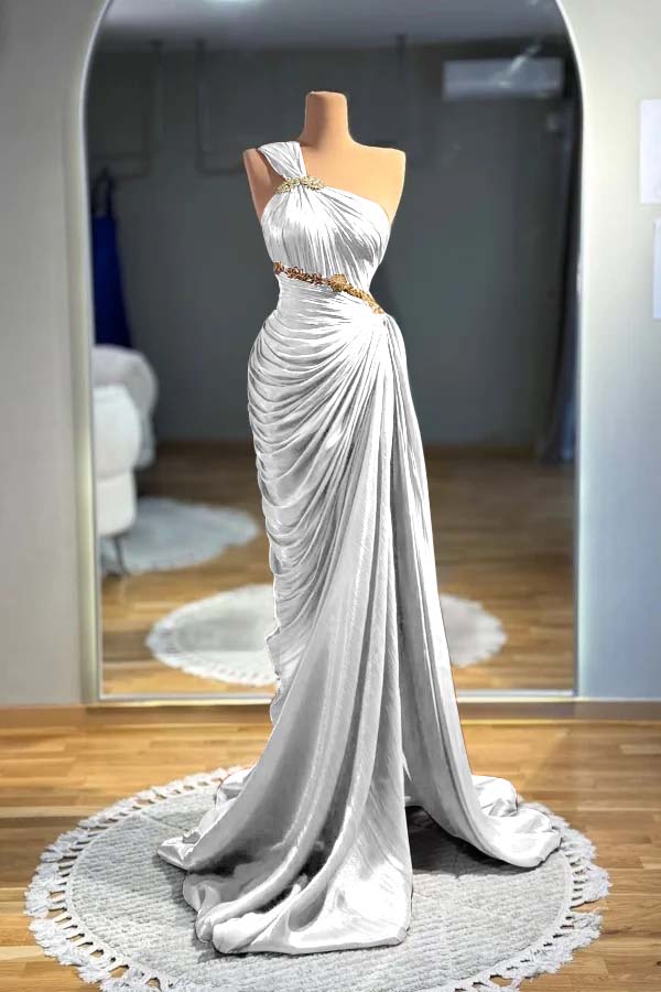One-Shoulder Sleeveless Long Beaded Ruched Mermaid Evening Gowns
