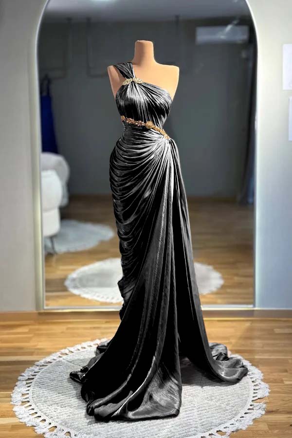 One-Shoulder Sleeveless Long Beaded Ruched Mermaid Evening Gowns