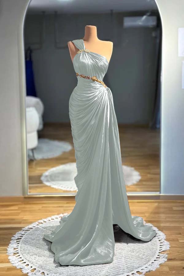 One-Shoulder Sleeveless Long Beaded Ruched Mermaid Evening Gowns