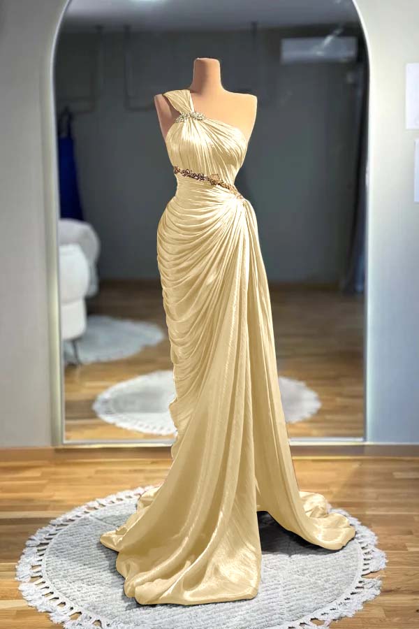 One-Shoulder Sleeveless Long Beaded Ruched Mermaid Evening Gowns