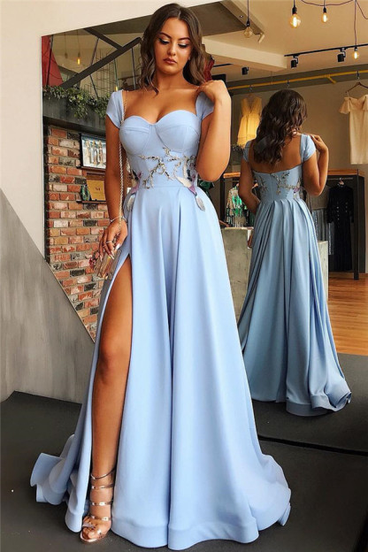Open Back Blue Formal Evening Dress Long | Sexy Side Slit Online Prom Dresses 