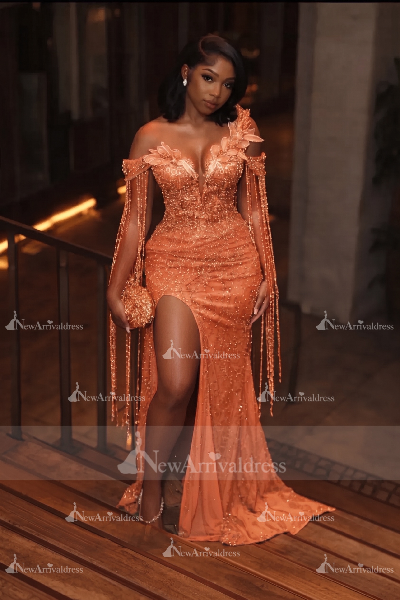Asymmetric  Sequins Prom Dress Sleeveless Mermaid Gold Evening Gown with Tassels