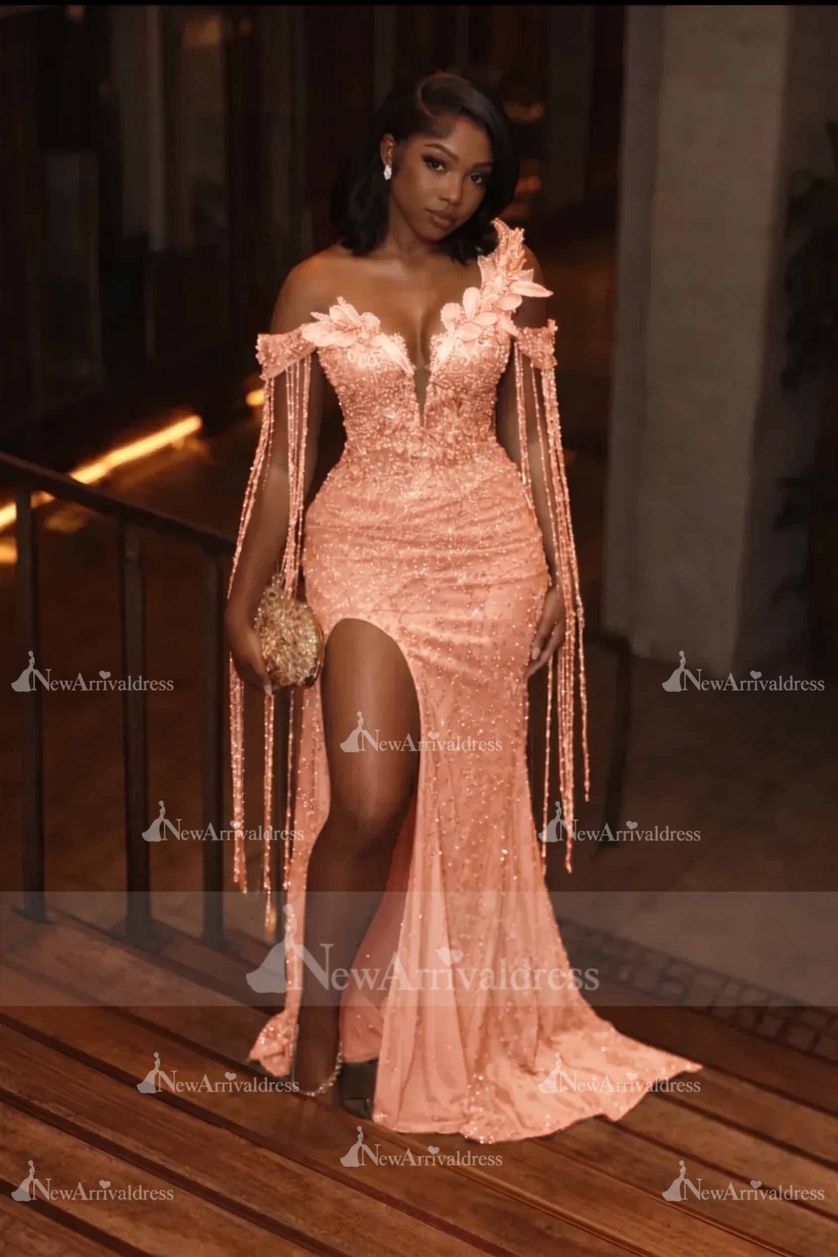 Asymmetric  Sequins Prom Dress Sleeveless Mermaid Gold Evening Gown with Tassels