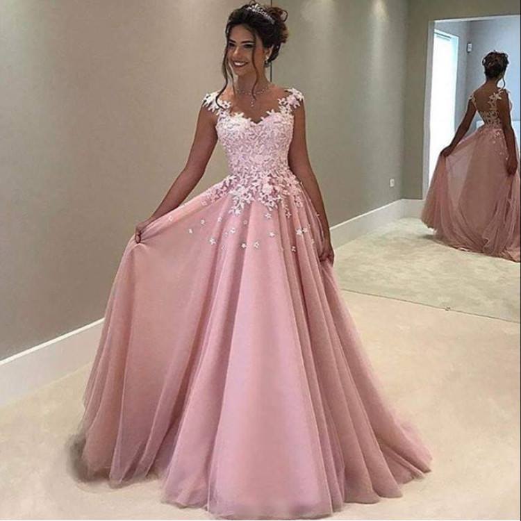  Pink Appliques A-Line Gorgeous Cap-Sleeves V-Neck Lace Prom Dress