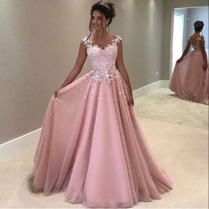  Pink Appliques A-Line Gorgeous Cap-Sleeves V-Neck Lace Prom Dress